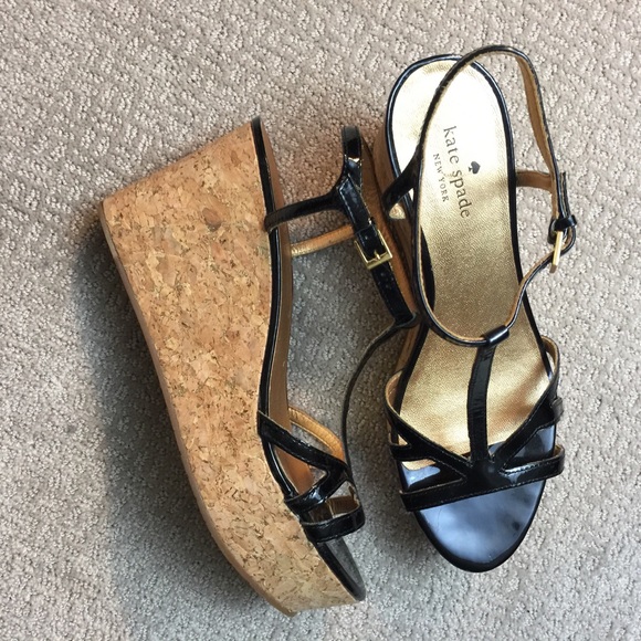 Kate Spade Black Patent Cork Platform Heels Sandal - Picture 2 of 8